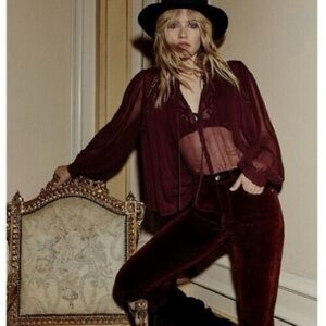 FREE PEOPLE Long Live Love Sheer Button-Down Blouse, Maroon Red